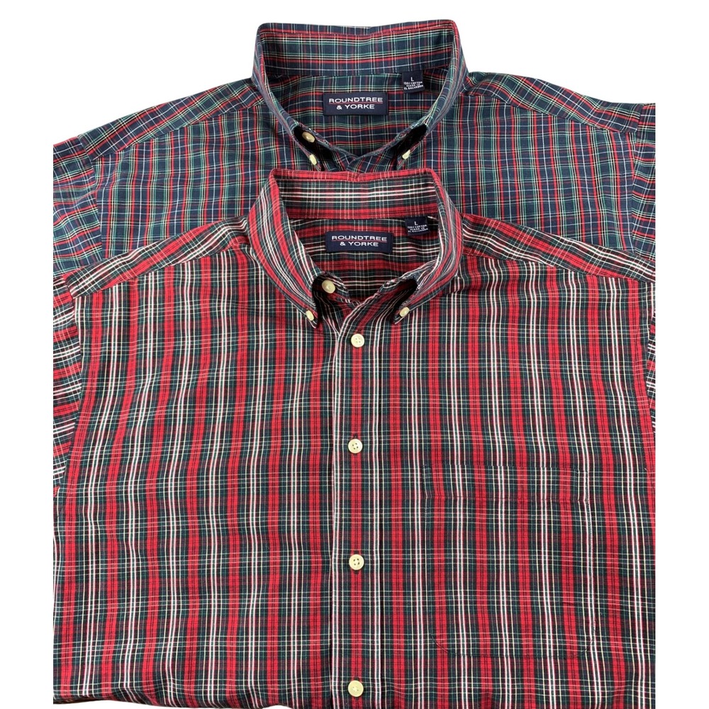 Roundtree & Yorke Mens Plaid Button Down Shirts Cotton Large L (Set of 2)